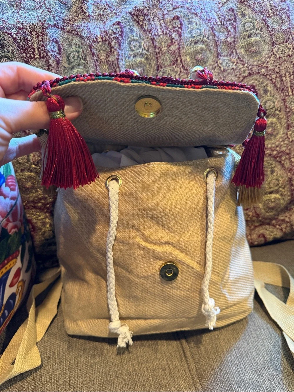 Gorgeous AuthenticTribeTassel mini BackPack- Vibrant blue, green, burgundy, boho